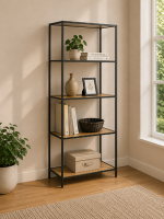 Seaford Tall Black Metal Bookcase with 4 Oak Shelves