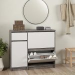 Naia Shoe Cabinet with 2 Flip Down Doors 1 Door and 1 Drawer in Concrete and White High Gloss