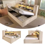 Linen Daybed Sofa Bed with Storage & LED Lights – Beige - Image 8