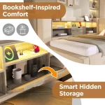 Linen Daybed Sofa Bed with Storage & LED Lights – Beige - Image 11