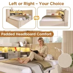 Linen Daybed Sofa Bed with Storage & LED Lights – Beige - Image 12