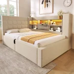 Linen Daybed Sofa Bed with Storage & LED Lights – Beige