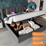 Upholstered Super King Size Bed Frame with Wireless Charging and Hydraulic Storage – Grey - Image 3